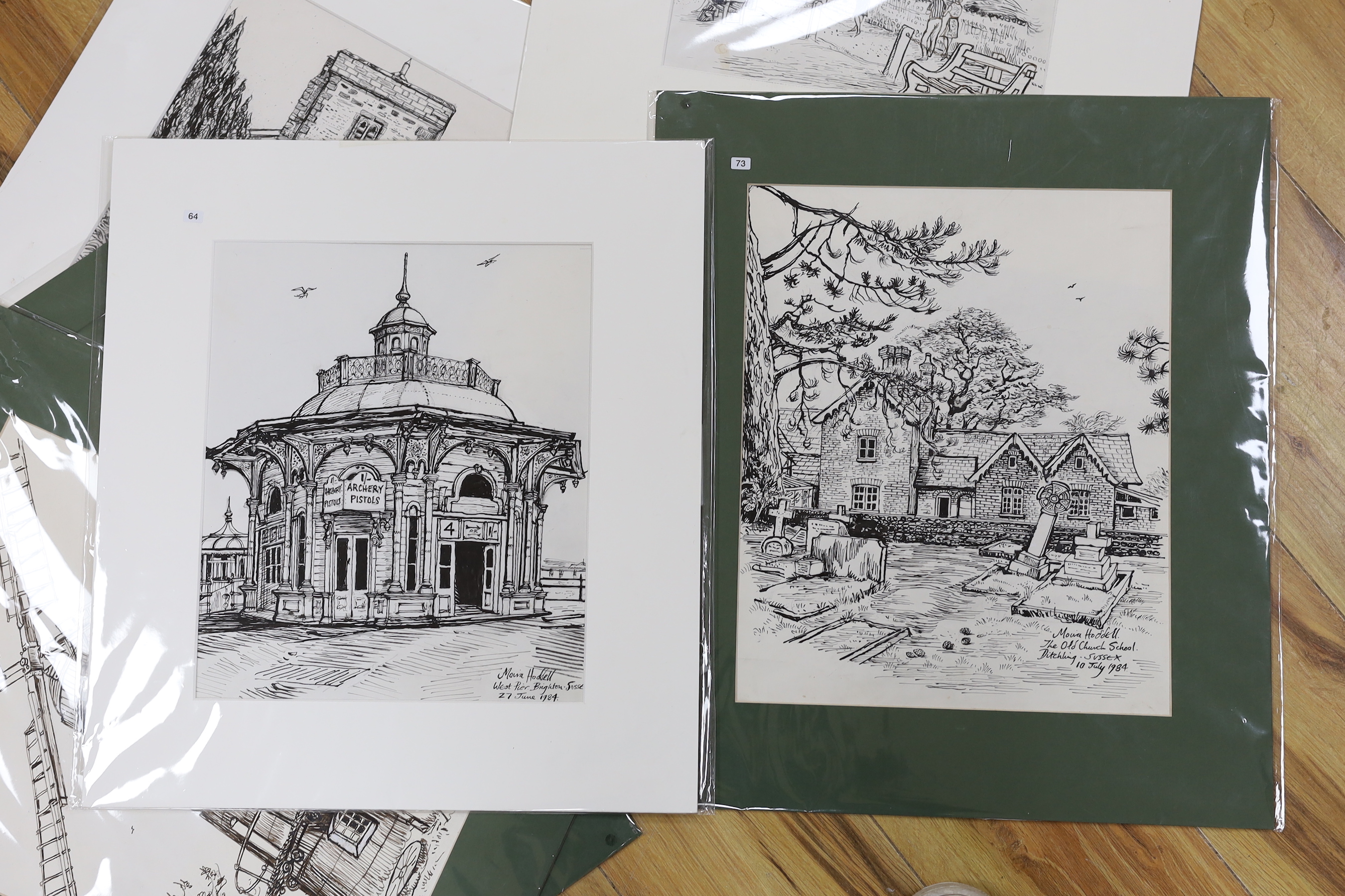 Moira Hoddell, seven ink sketches including All Saints Centre, Lewes, River Arun, Arundel, Sussex and West Pier, Brighton, each signed, some with inscriptions, mounted, unframed, 30 x 25cm